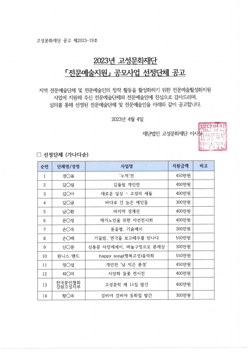 [선정결과 공고문]2023 고성문화재단 전문예술지원 선정단체 공고문.pdf_page_1.jpg